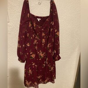 Maurices Maroon Floral smocked dress long sleeve flavored skirt